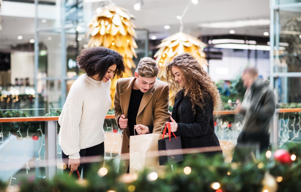 Young friends in a mall during Christmas time examining the contents of their paper bags