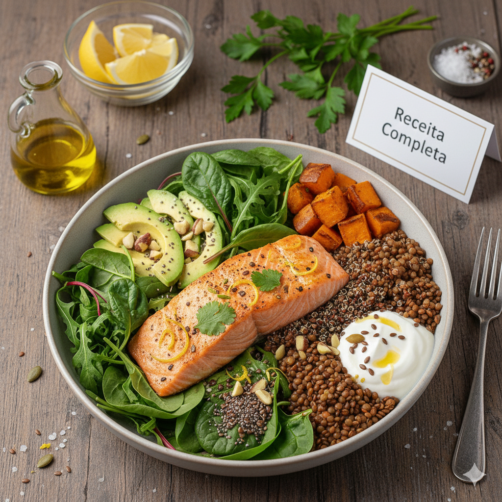 Almoço saudável para reduzir ansiedade: fibras, proteínas, ômega-3 e microbiota para equilíbrio emocional diário